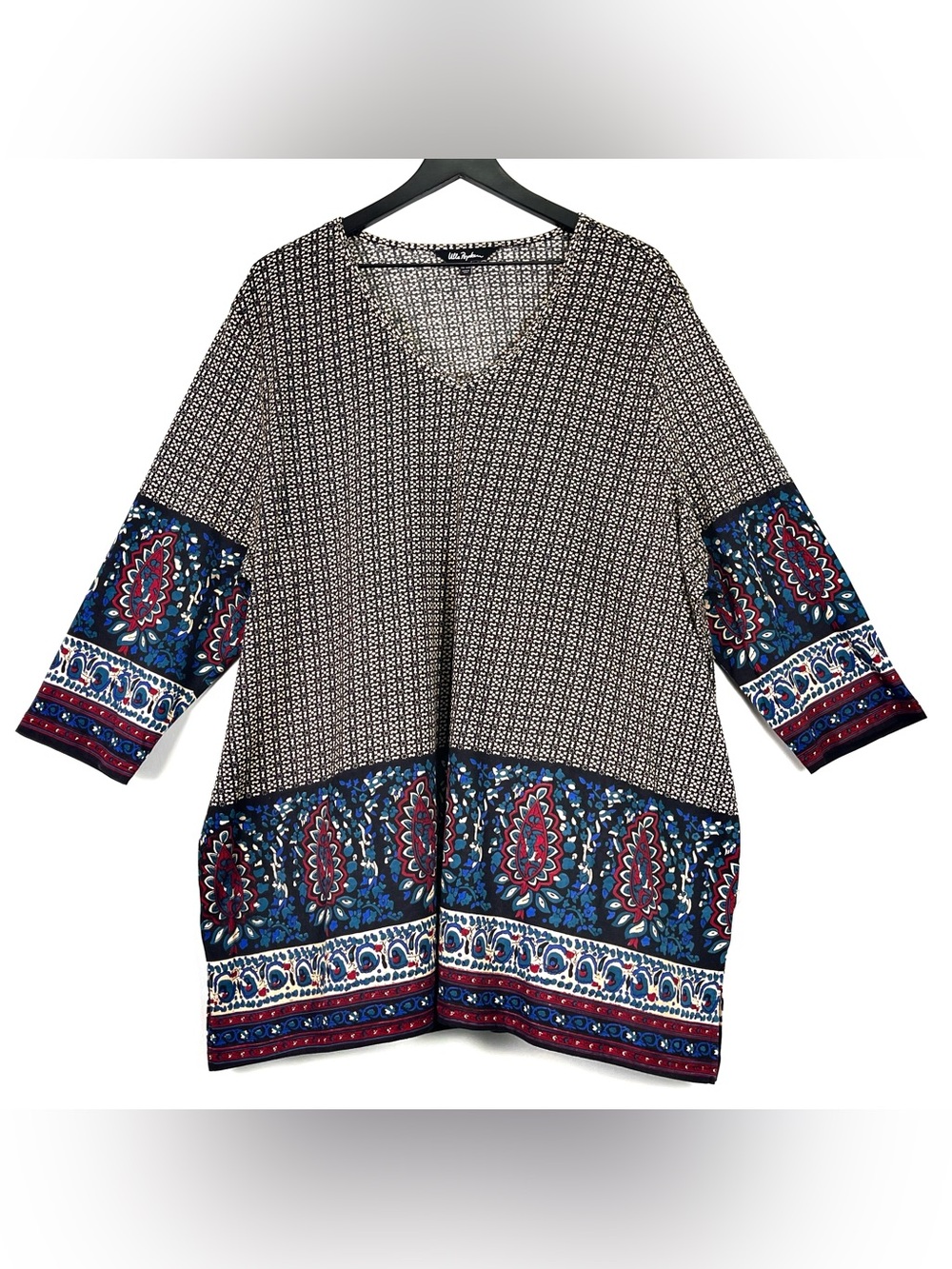 ULLA POPKEN Black Tan Paisley Hem 3/4 Sleeve Pullover Top Tunic Size 24/26 3XL